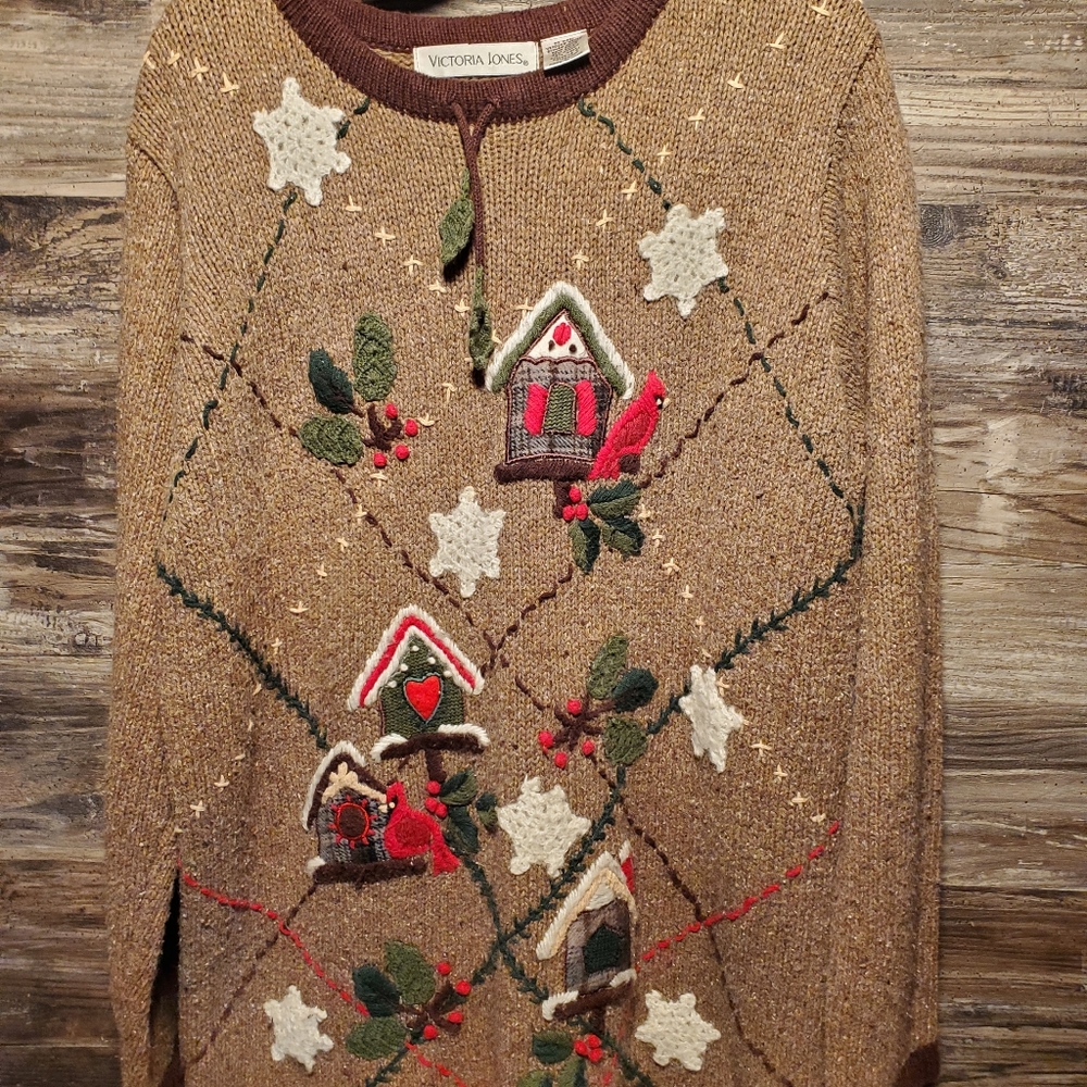 Victoria Jones Embroidered BirdHouse Crochet Wool Blend Knit Sweater Brown large